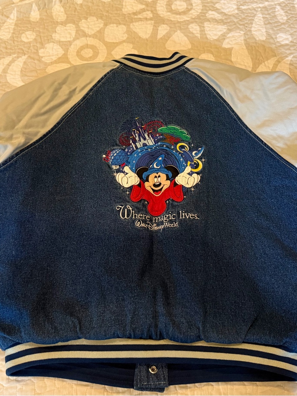 Disney Mickey Mouse Denim Bomber Jacket in Blue, White & Red